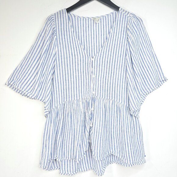 Cato White Blue Stripe Linen Flutter Sleeve Button Front Flowy Babydoll Top - Picture 1 of 5